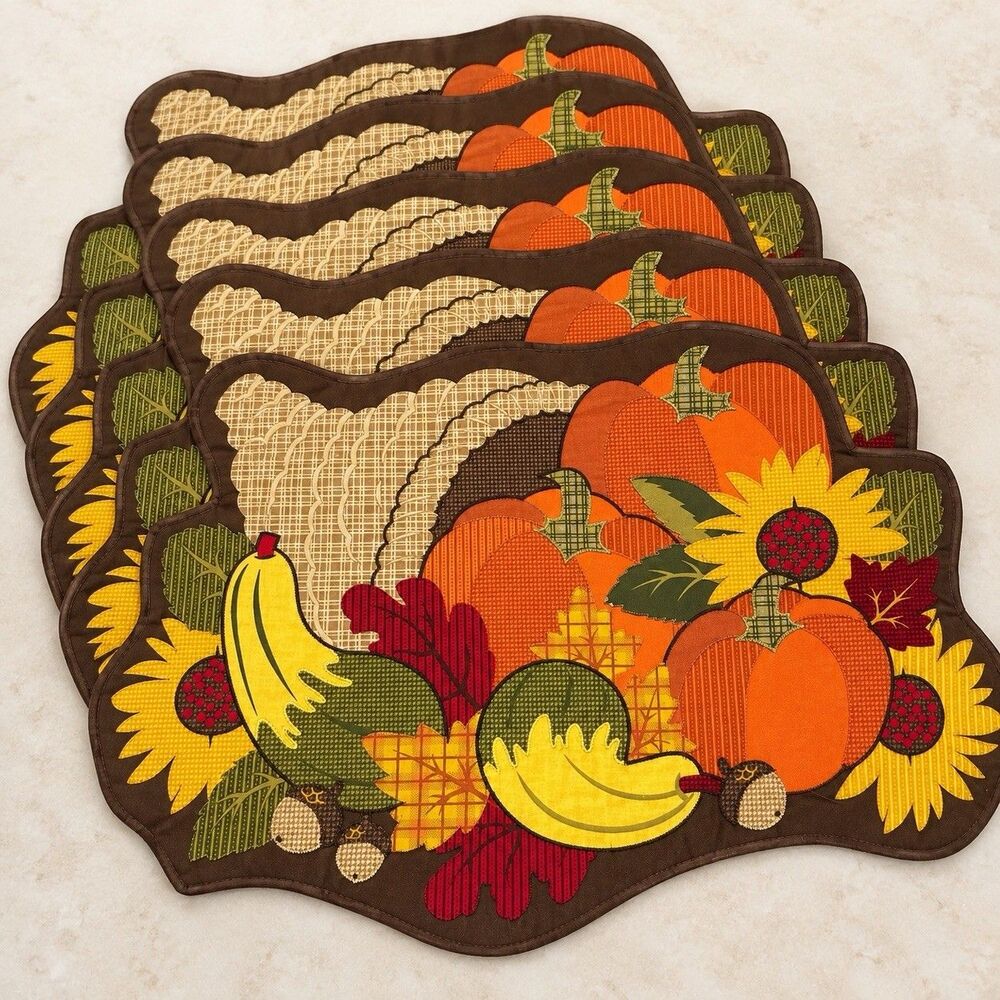 Harvest Set of 6 Cotton Placemats Pumpkin Sunflower Scalloped Thanksgiving